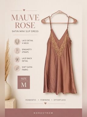 Mauve Satin Slip Dress Lace Trim Spaghetti Strap Romantic M